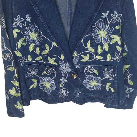 New Direction Denim Blazer Womens Small Blue Floral Embroidered Jacket Boho - Picture 2 of 13